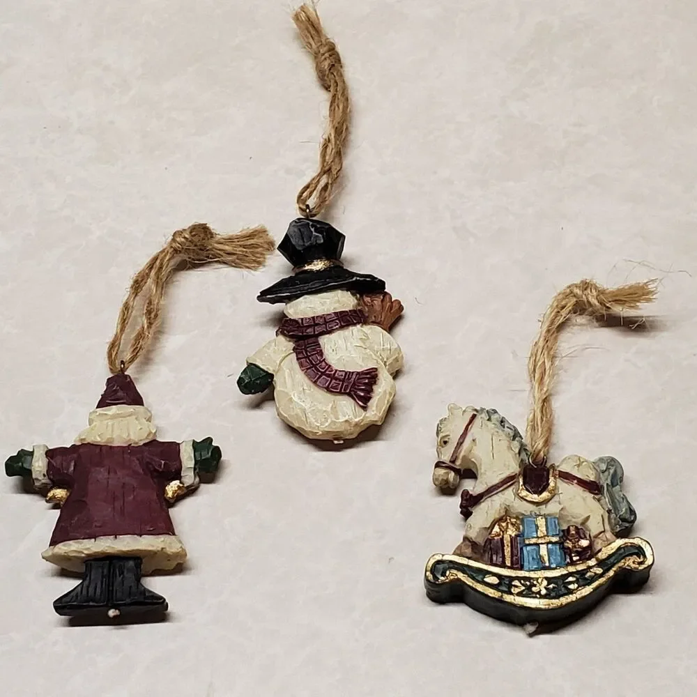 Set Of Three Resin Christmas Ornaments  Santa Rocking Horse And Snowman Jute